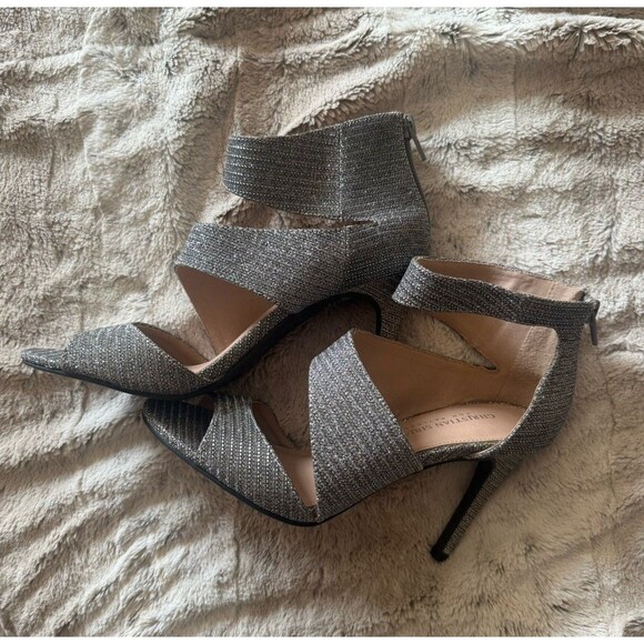 Christian Siriano Silver Shimmer Party Pumps 3.5" Heels Open Toe Ankle Strap 7 - Picture 9 of 9